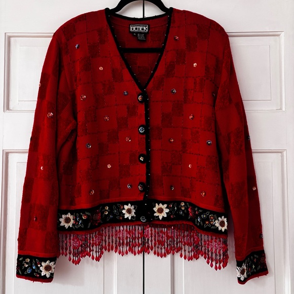 berek Sweaters - Berek Vintage Floral Beaded Red Cardigan Beaded Fringe‎ Size XL Checkered Sequin